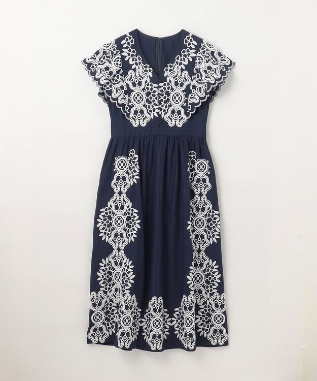 GRACE CONTINENTAL バイカラー刺繍コットンワンピース ネイビー