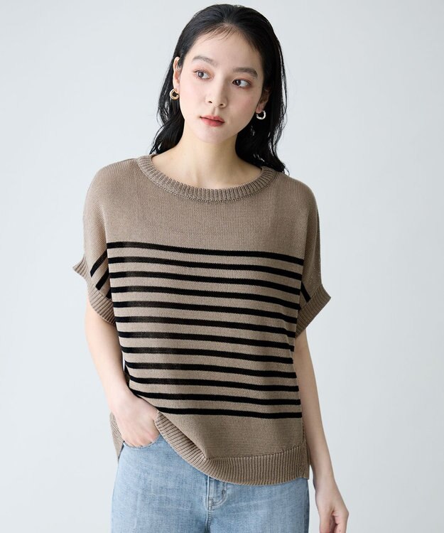 ANY ラミータッチオーバーニット ベージュ×ブラックボーダー