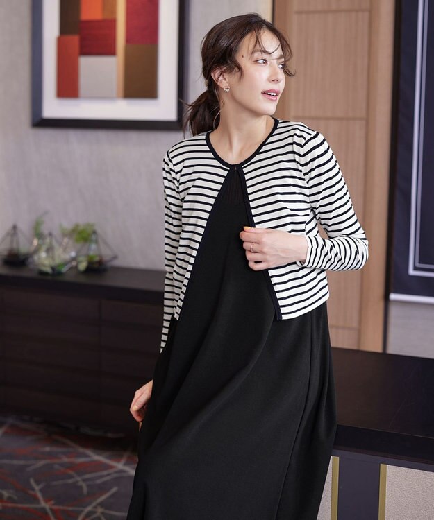 Tiaclasse 【洗える】長袖サマーニットカーディガン ボーダー(オフネイビー)