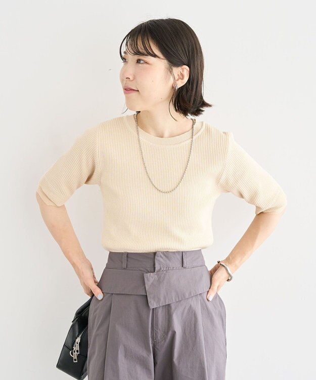 Green Parks 袖レイヤー５分袖ニットプルオーバー Ivory