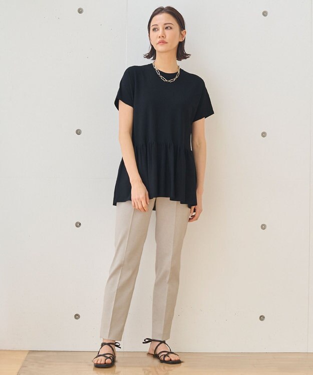 自由区 【XSサイズ～/洗える】クレープストレッチペプラム ニット ネイビー系