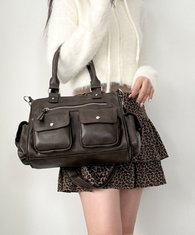 WEGO ポケットデザインボストンショルダー ブラウン