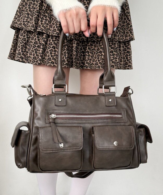 WEGO ポケットデザインボストンショルダー ブラウン