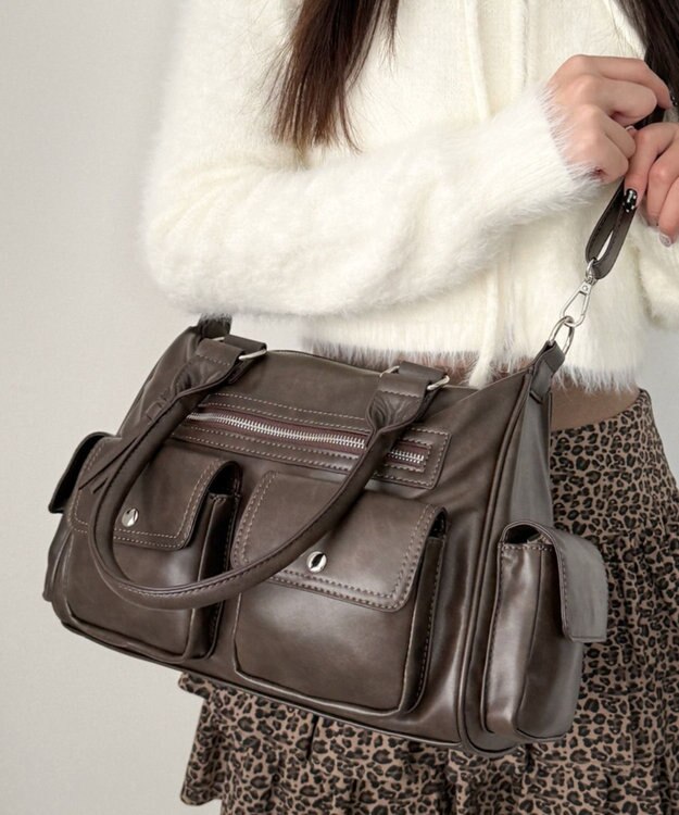 WEGO ポケットデザインボストンショルダー ブラウン