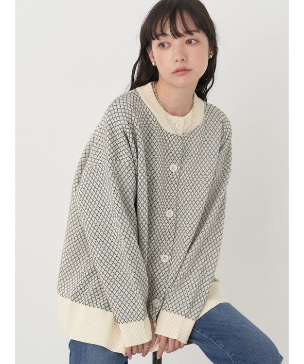 earth music&ecology ダイヤ柄ジャガードカーディガン Off White