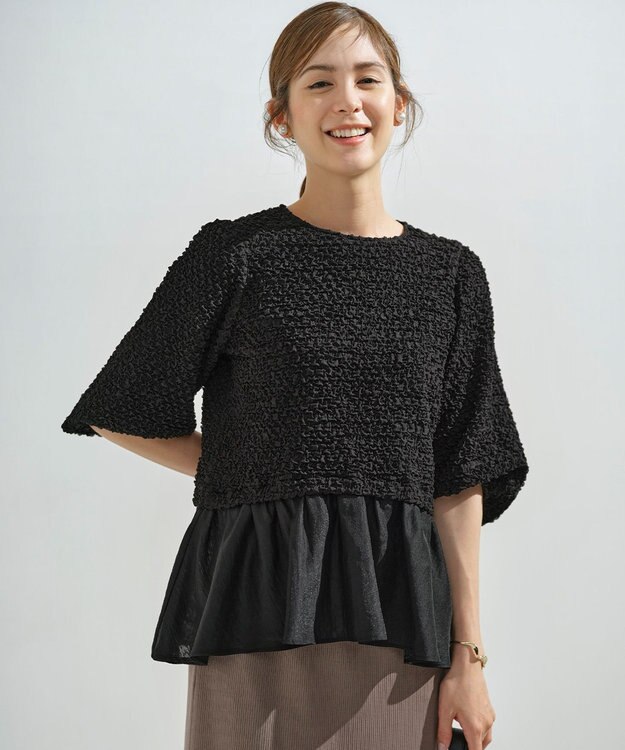 組曲 L シャーリングシフォン シアーペプラム ブラウス ブラック系