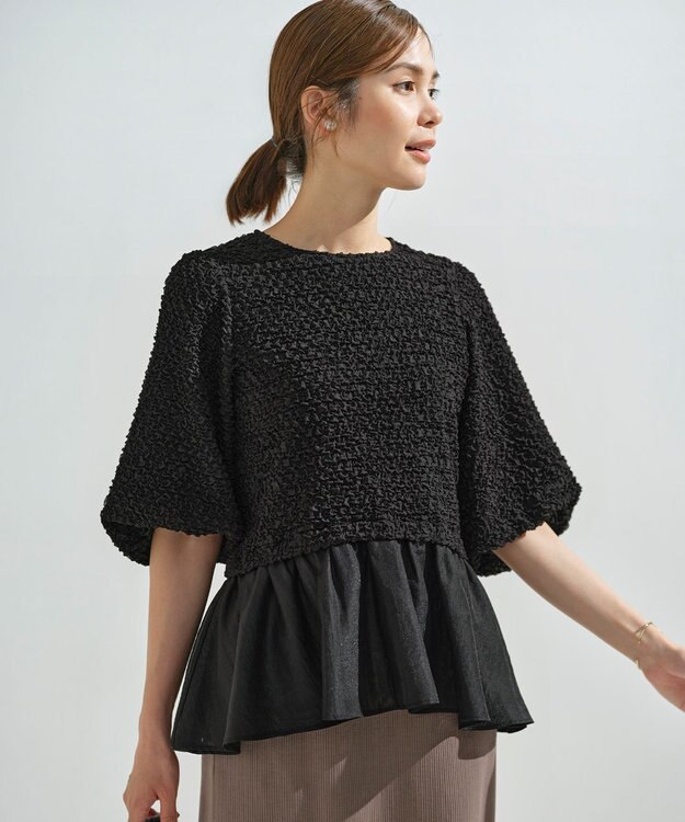 組曲 L シャーリングシフォン シアーペプラム ブラウス ブラック系