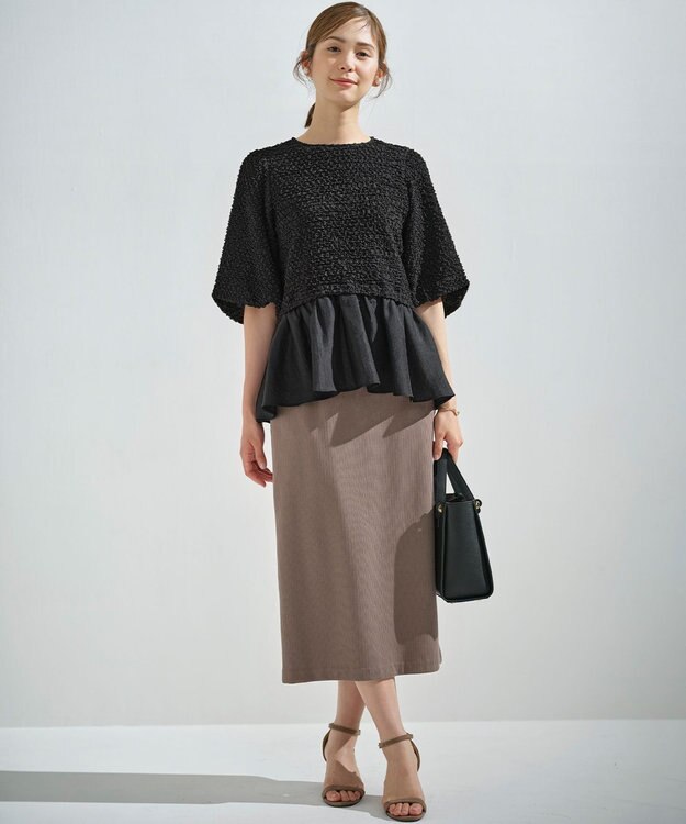 組曲 L シャーリングシフォン シアーペプラム ブラウス ブラック系