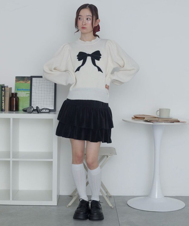 WEGO ベロアリボンアップリケタックスリーブニット ホワイトアイボリー