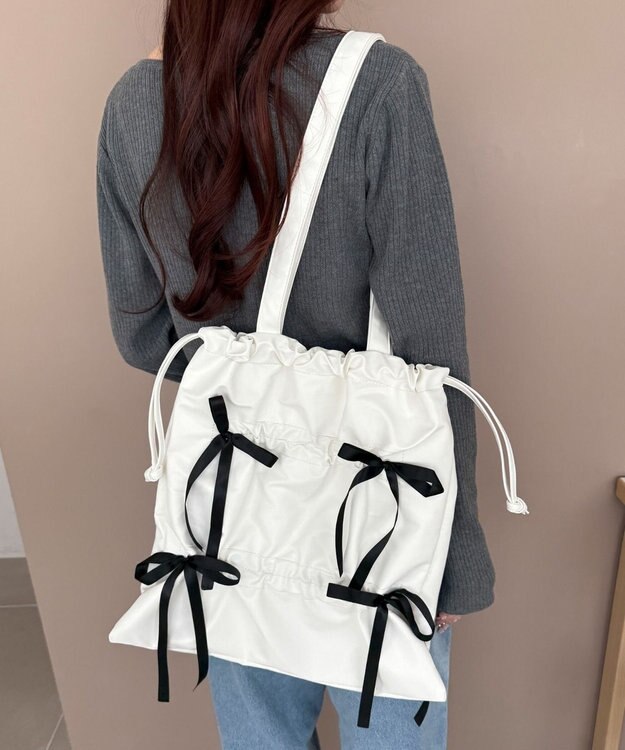 WEGO ドロストリボンギャザートート ホワイト