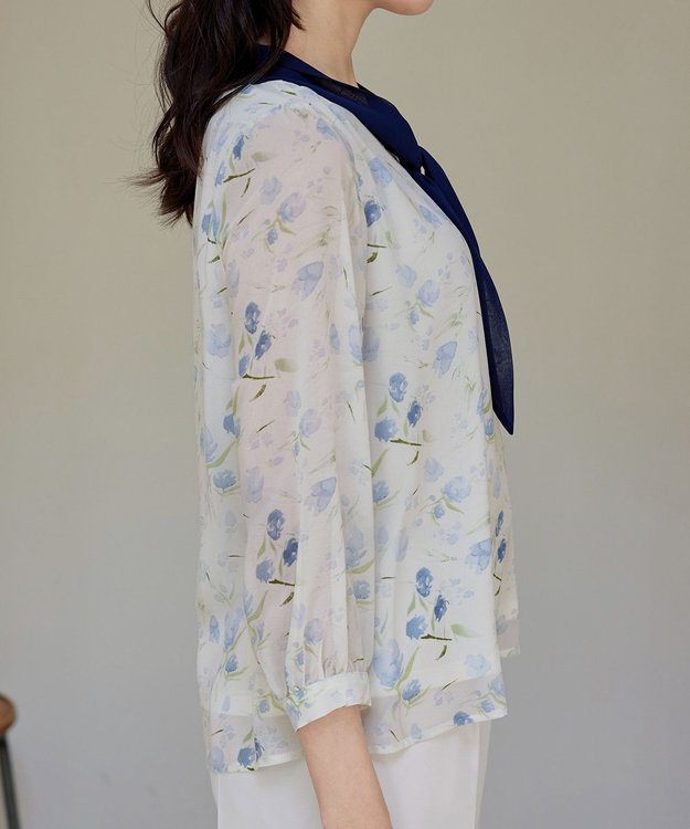 Tiaclasse 【洗える】花柄配色ボウタイブラウス ブルー×ネイビー