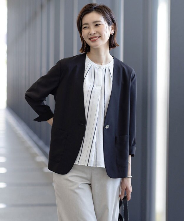 J.PRESS LADIES 【洗える】SHEERストライプ クルーネック ブラウス ホワイトストライプ系