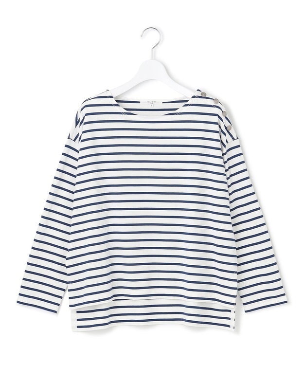 23区 S 【SLOW/一部店舗限定】ギザコットンボーダー ラウンドネックカットソー オフホワイトxブルーボーダー