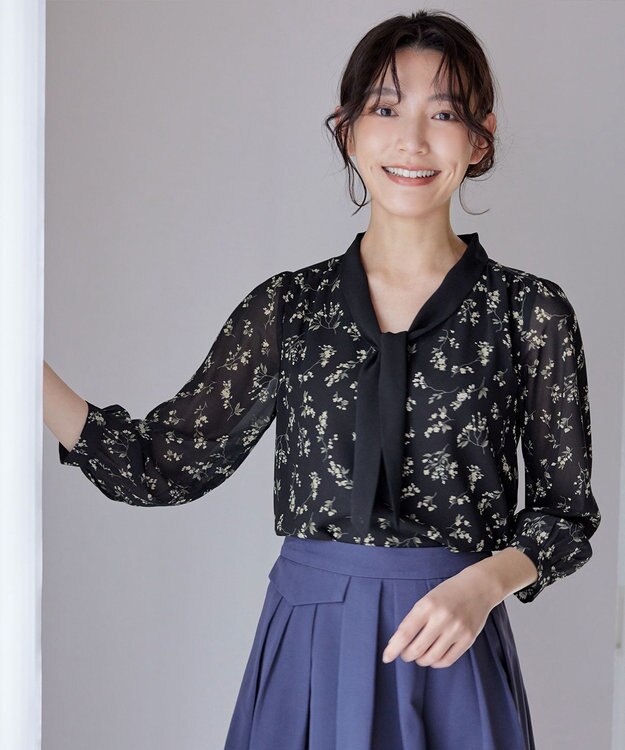 Tiaclasse 【洗える】花柄配色ボウタイブラウス ブラック×ブラック