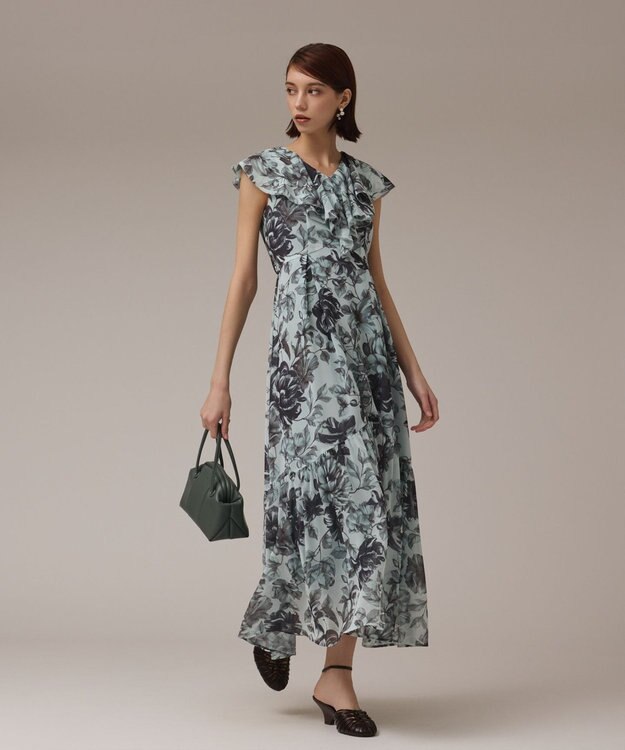 GRACE CONTINENTAL フラワープリントフリルワンピース グリーン