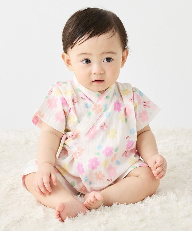 MIKI HOUSE HOT BISCUITS 【60-80cm】総柄 甚平オール ピンク