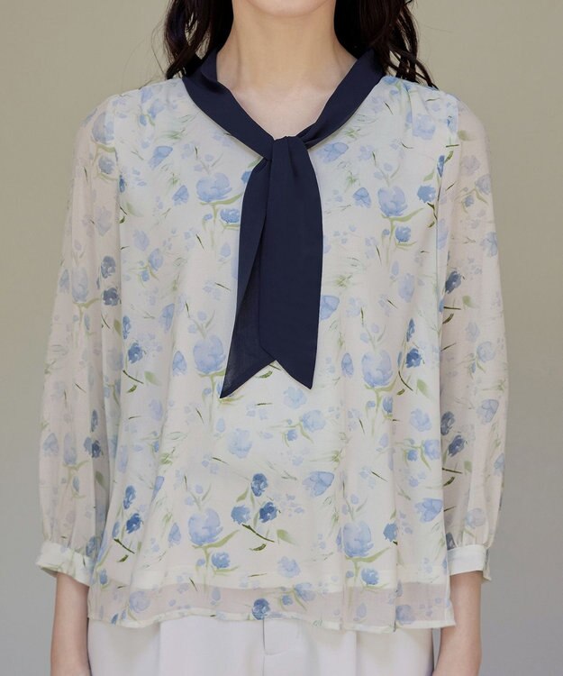 Tiaclasse 【洗える】花柄配色ボウタイブラウス ブルー×ネイビー