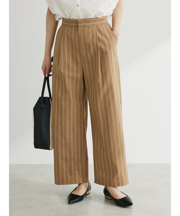 Green Parks 綿麻混タックストレートワイドパンツ Stripe