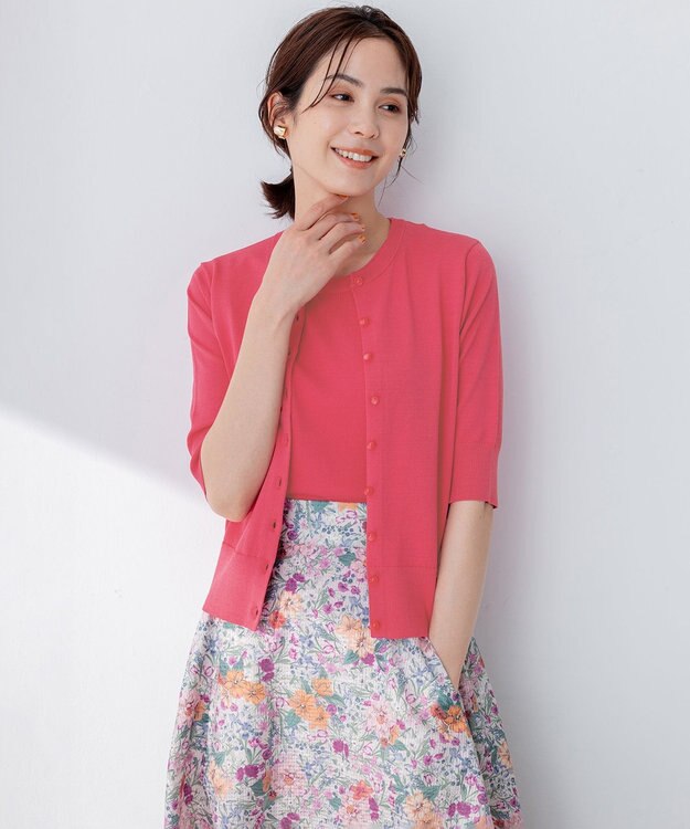 組曲 【5色展開・洗える】MINA半袖 カラーカーディガン オールドローズ系