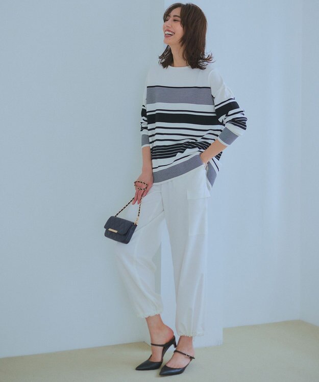 23区 【洗える】コットンポリエステルストレッチ オーバーサイズ ニット オフホワイトxブラックボーダー