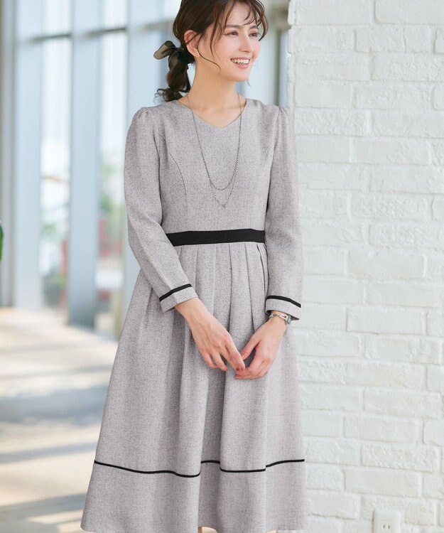 Tiaclasse 【洗える】配色パイピングフレアワンピース オフホワイトブラック