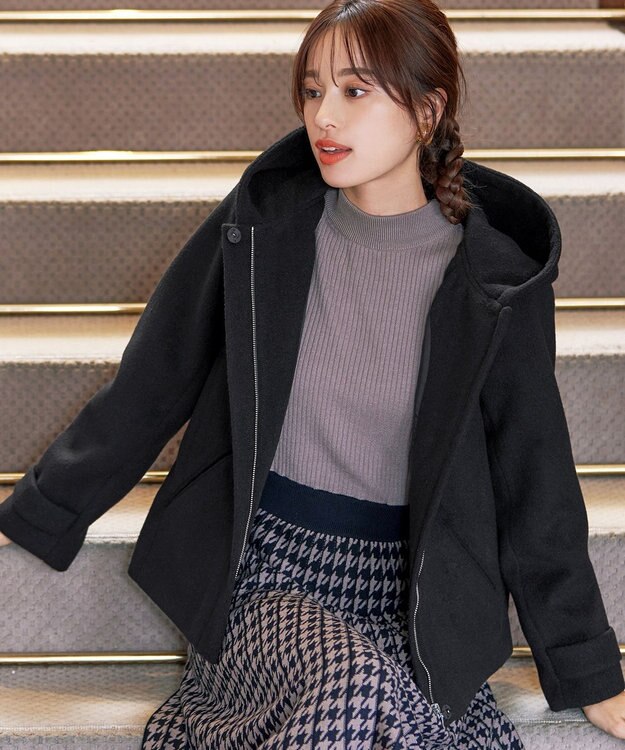 Tiaclasse ウールライクフーデットショートコート ブラック