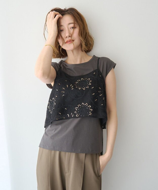 YECCA VECCA 【2点SET】刺繍メッシュキャミセットコットンTee Black