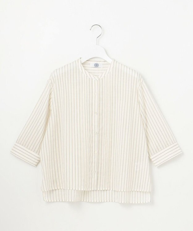 J.PRESS LADIES 【洗える】シアーピンストライプ ブラウスライク カットソー オフ×ダークブラウン系