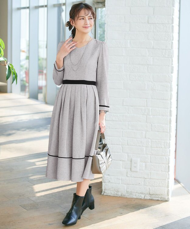 Tiaclasse 【洗える】配色パイピングフレアワンピース オフホワイトブラック