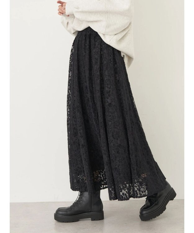 earth music&ecology 起毛レースフレアスカート Black