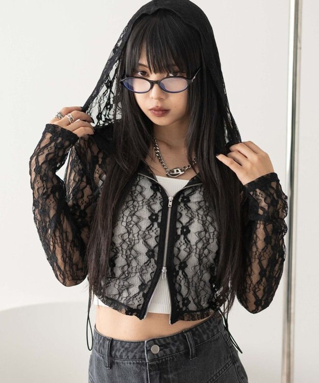 WEGO レースダブルジップパーカー ブラック