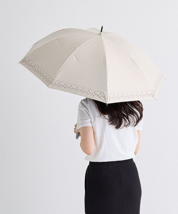 MOONBAT 晴雨兼用日傘 長傘 ドット×幾何花／遮光 遮熱 UV ベージュ