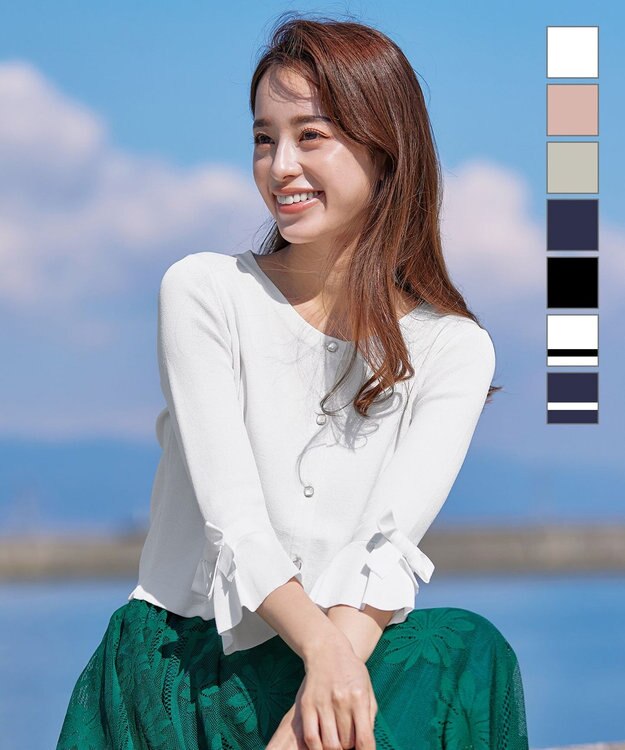 Tiaclasse L 【洗える】袖口フレアリボンニットカーディガン オフホワイト