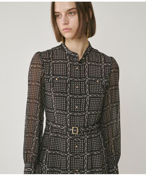 GRACE CONTINENTAL チェーンチェックプリントワンピース ブラック