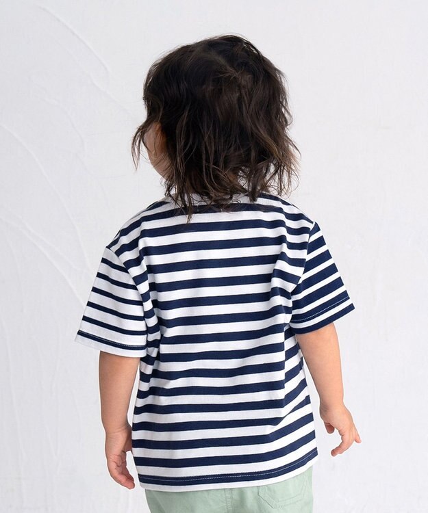 MIKI HOUSE HOT BISCUITS 【80-120cm】 ポケット付き 先染め ボーダー柄 半袖Tシャツ 紺