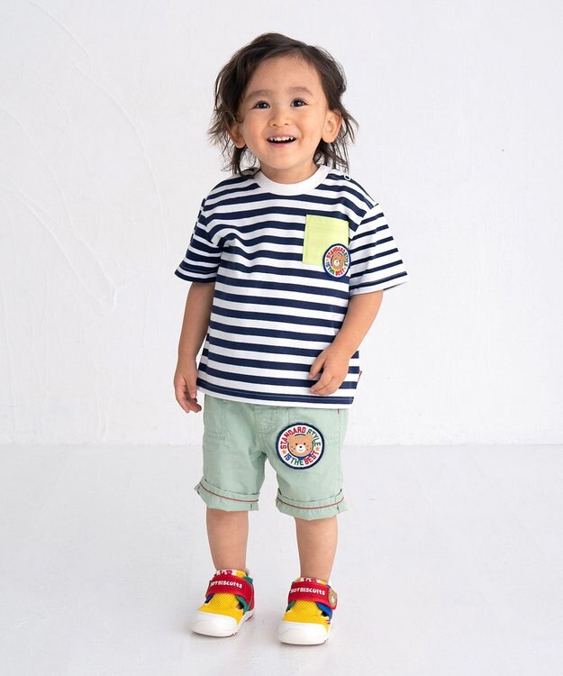 MIKI HOUSE HOT BISCUITS 【80-120cm】 ポケット付き 先染め ボーダー柄 半袖Tシャツ 紺