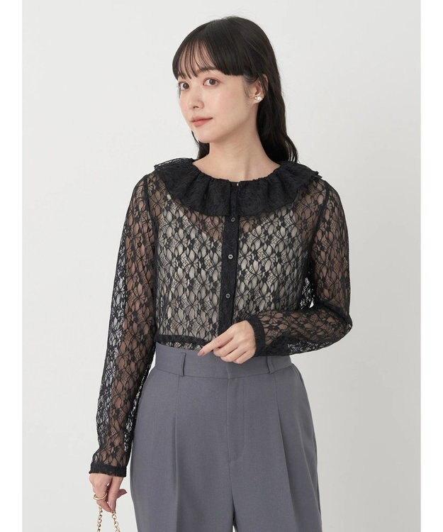 earth music&ecology ポコポコレースブラウス Black