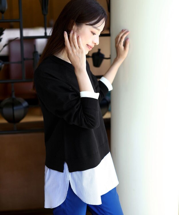 Tiaclasse 【安田美沙子さん着用・選べる裾】 レイヤードヘムカットソーTシャツ オフ×ブルーストライプ裾シャツ