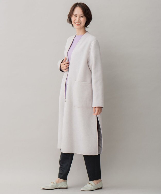 自由区 【リバーシブル】ウールリバー ノーカラーロングコート ライトグレー系