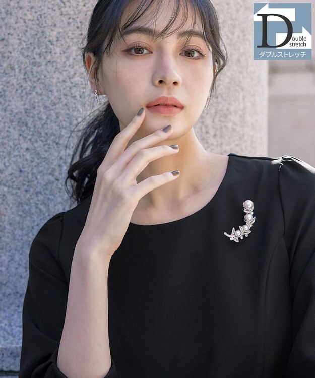 Tiaclasse L 【ダブルストレッチ】【洗える】タックパフ袖ブラウス ブラック