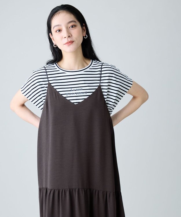 ANY ANYファンクションワイドフレンチスリーブTシャツ オフ×ブラックボーダー