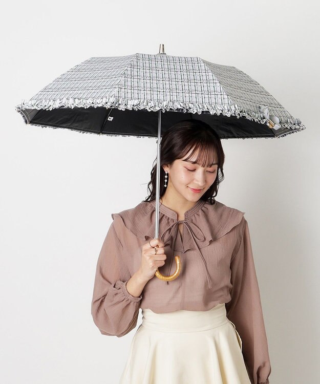 MOONBAT 【晴雨兼用日傘】LANVIN en Bleu (ランバン オン ブルー) 折りたたみ日傘 ドビーフリル 遮光 遮熱 UV ダークグレー（ツイードプリント）