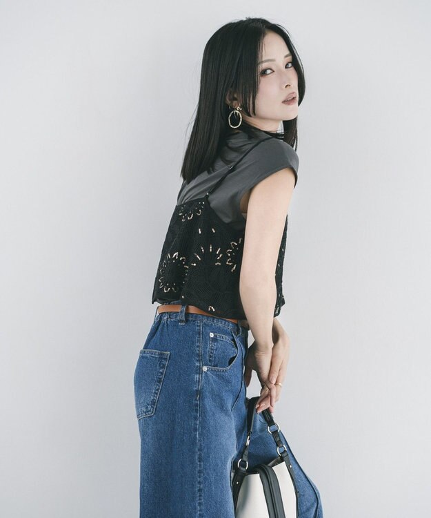 YECCA VECCA 【2点SET】刺繍メッシュキャミセットコットンTee Black