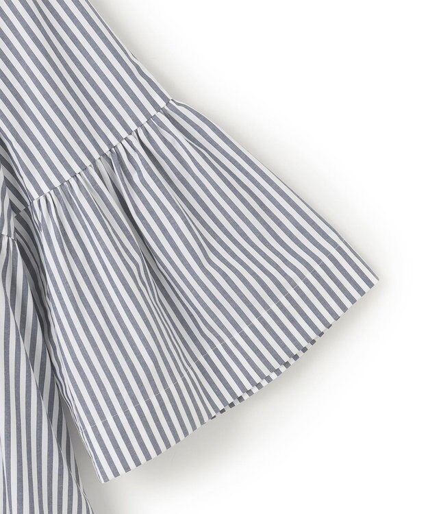 UNFILO コットンブロード フリルネックシャツ ネイビーストライプ