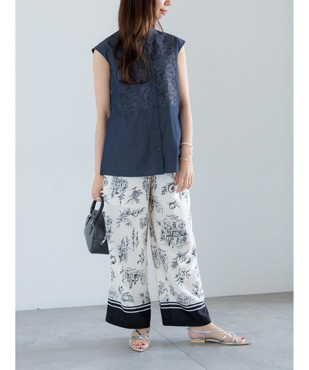 Te chichi リーフレースノースリーブチュニックシャツ ネイビー