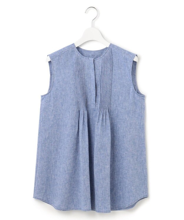 23区 【SLOW/洗える】リネンコットン ノースリーブブラウス ブルー系