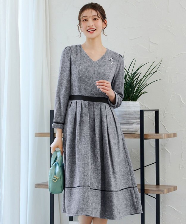 Tiaclasse 【洗える】配色パイピングフレアワンピース グレー