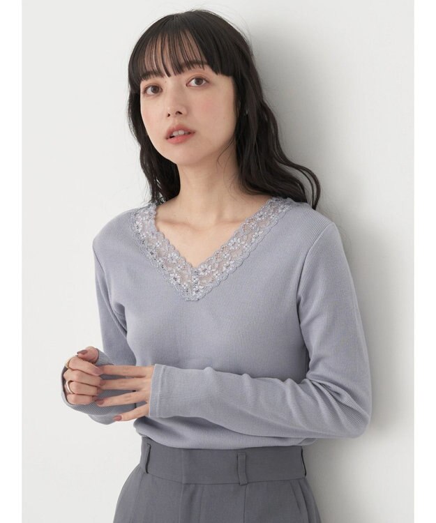 earth music&ecology レースＶネックテレコインナー Grayish Blue