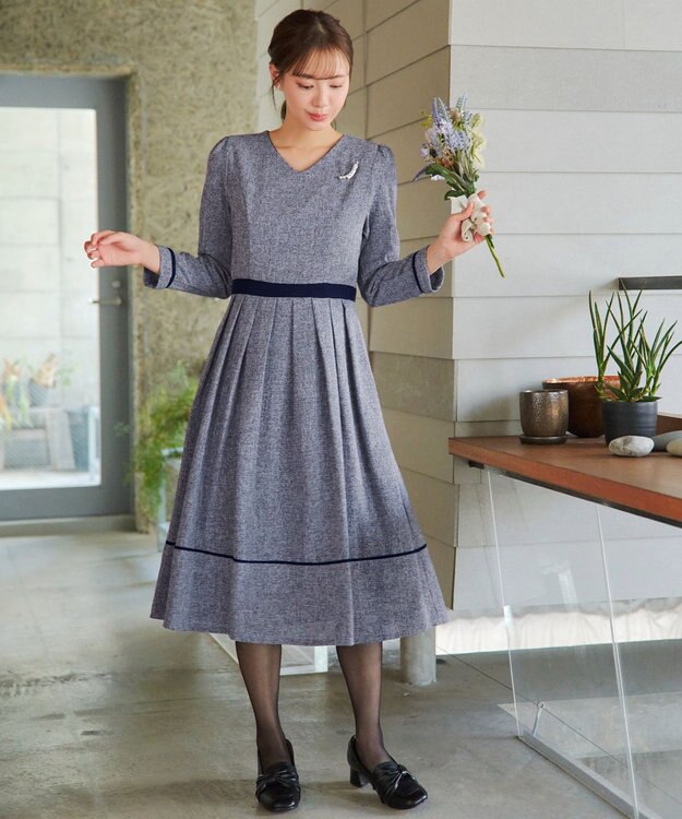 Tiaclasse 【洗える】配色パイピングフレアワンピース ネイビー