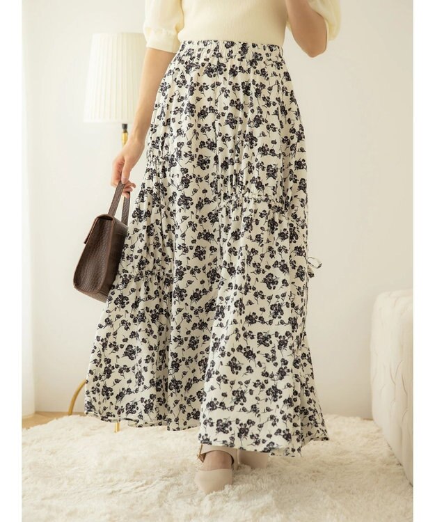 earth music&ecology ドロストギャザーフレアスカート Flower Navy